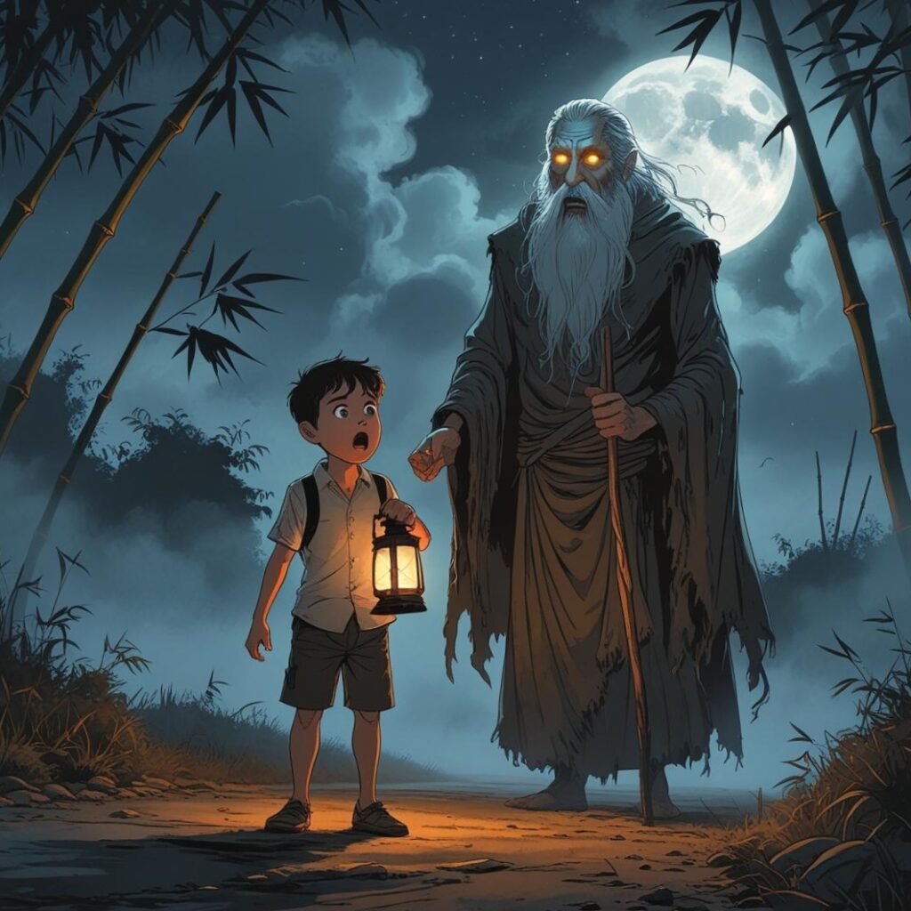 কালকেতু-সমগ্র কালকেতু রাতের অন্ধকারে ফাঁকা গ্রামের পথে লণ্ঠন হাতে দাঁড়িয়ে আছে। হঠাৎ ঘন কুয়াশার ভেতর থেকে এক রহস্যময় বৃদ্ধ বেরিয়ে আসছে। বৃদ্ধের লম্বা সাদা দাড়ি, উজ্জ্বল চোখ, ছেঁড়া গেরুয়া-রঙের চাদর, হাতে কাঠের লাঠি। তাঁর চারপাশে অদ্ভুত ভীতিকর আভা ছড়িয়ে আছে। পেছনে বাঁশবন, আকাশে মেঘে ঢাকা চাঁদ, চারপাশে কুয়াশা ভাসছে। বাংলা লোককথার ছায়া-গভীর রহস্যময় ইলাস্ট্রেশন