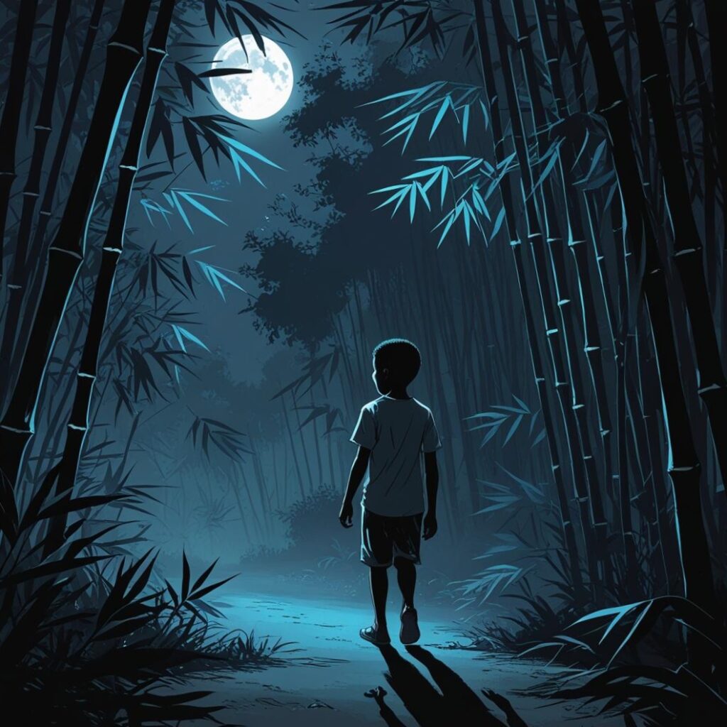 কালকেতু সমগ্র’ গল্পের প্রচ্ছদ ইলাস্ট্রেশন—একটি রাতের গ্রামীণ দৃশ্য। সামনের দিকে কালকেতু দাঁড়িয়ে আছে, পিছনে বাঁশবনের ছায়া। কুয়াশার ভেতর থেকে রহস্যময় বৃদ্ধ (তিমিরনাথ) উঠে আসছেন। বৃদ্ধের চোখে ভয়ঙ্কর অথচ জ্ঞানভরা দৃষ্টি, হাতে দণ্ড। আকাশে অর্ধচন্দ্র, চারপাশে রহস্যময় পরিবেশ। অন্ধকার, ভৌতিক কিন্তু আধ্যাত্মিক আবহ।"